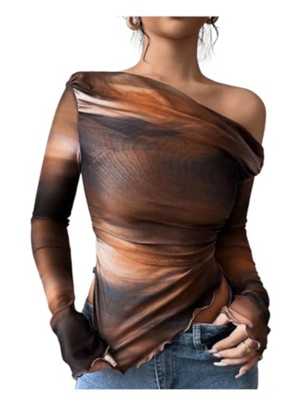 Off Shoulder Tie Dye Mesh Long Sleeve Asymmetrical Hem Ruched Fitted Top
